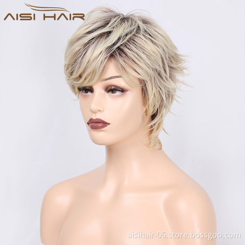 Aisi Hair Wholesale Short Straight Pixie Cut Wigs With Brown Roots For Women Ombre Blonde Heat Resistant Cheap Wig